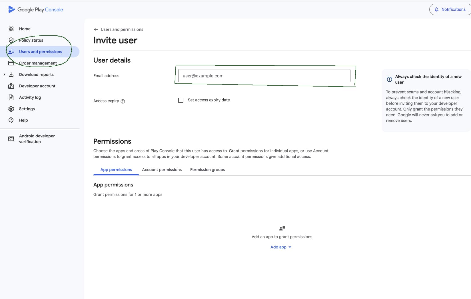 Invite Service Account in Google Play Console screenshot 1